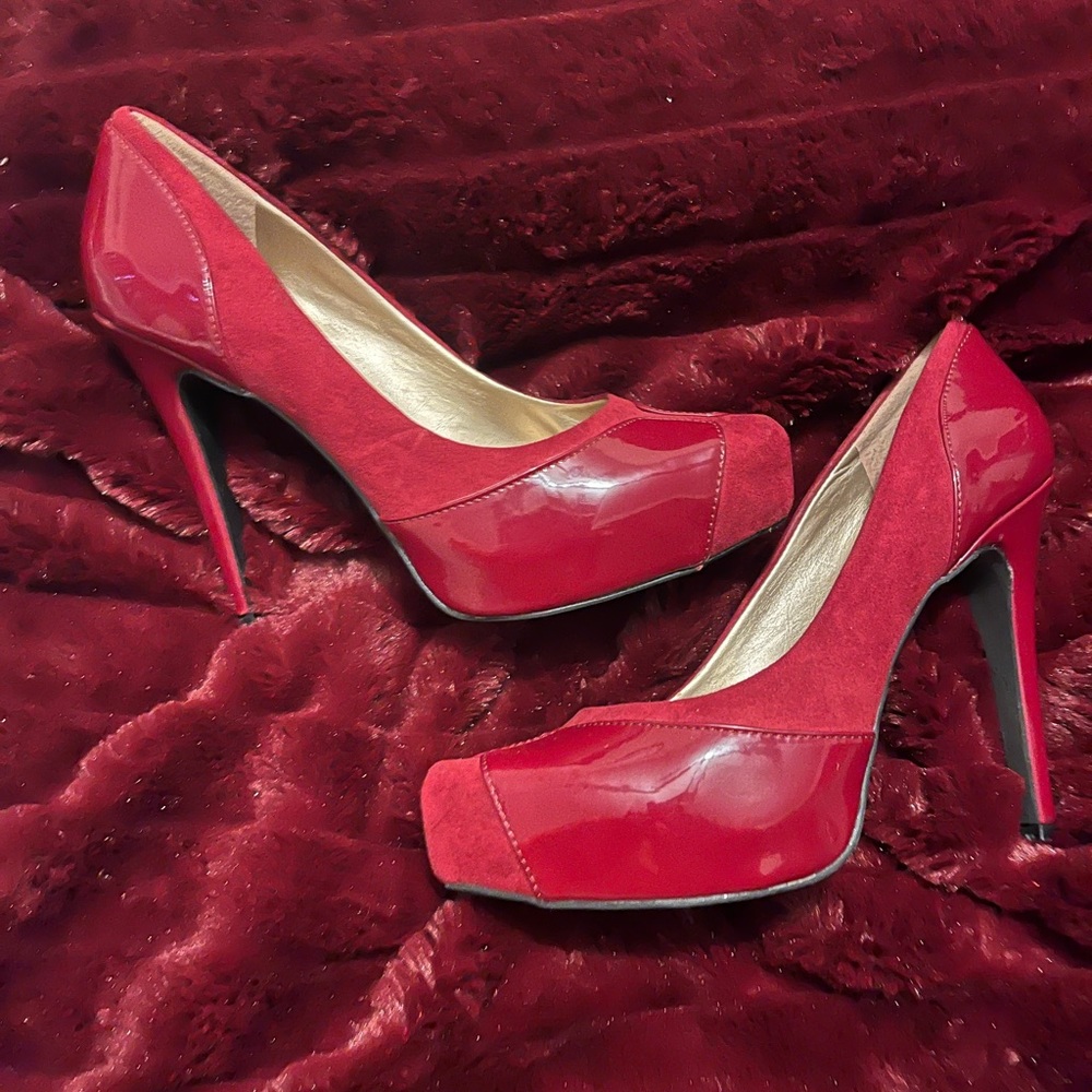 Suede and patent heels